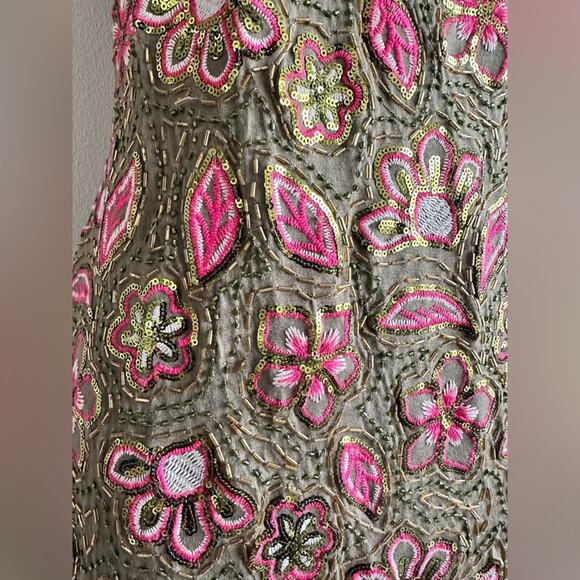 Vintage 2000s Sequin Slip Dress | Boho Y2K Glam Olive Green Pink Floral Size M - Picture 2 of 6
